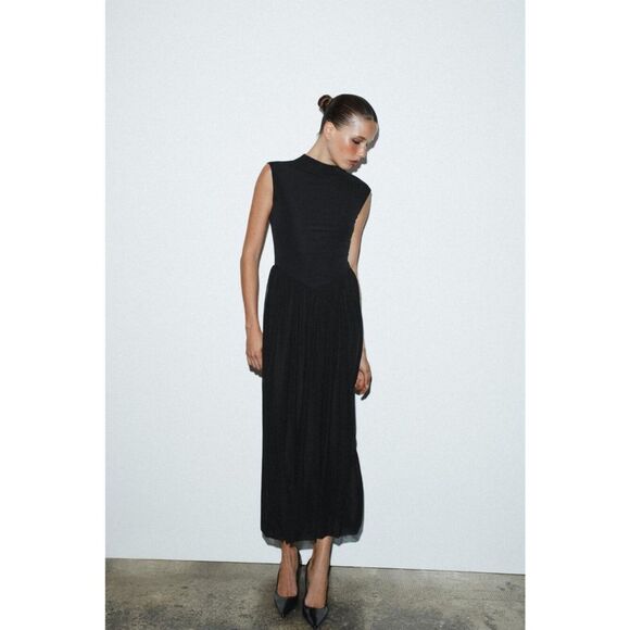 Zara Dresses & Skirts - Zara Womens Long Contrast Tulle Dress S Black High Neck Sleeveless 5584/807 NWT